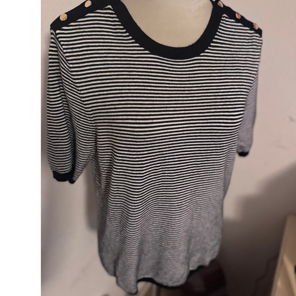 Philosophy Republic Clothing Black White Striped Button Shoulder Knit Sweater‎ L